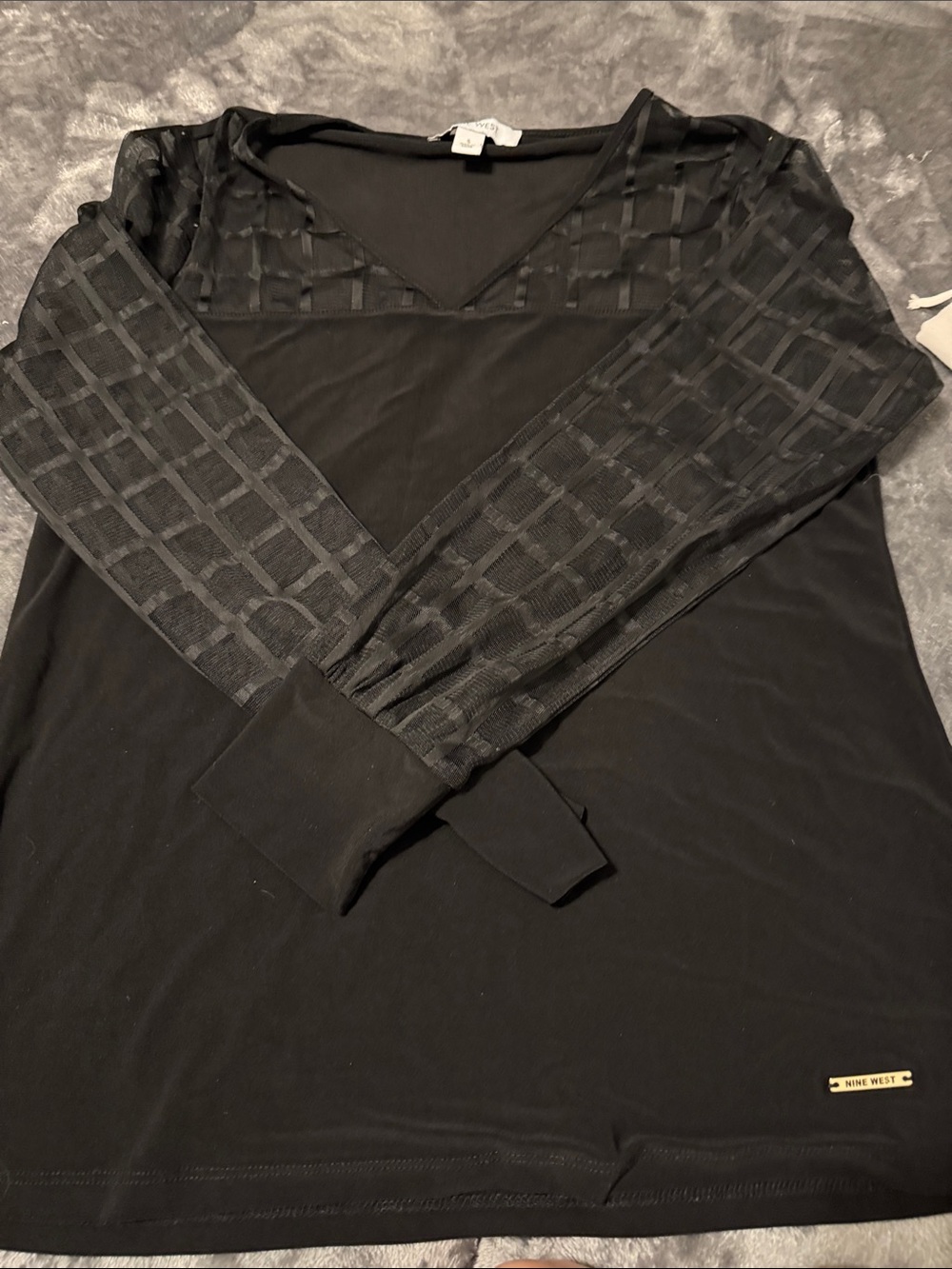Nine West Black V-Neck Top with Sheer Grid Sleeves